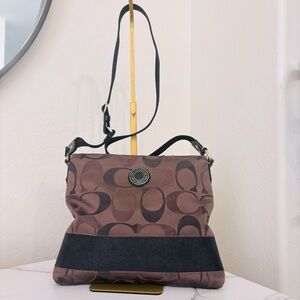 Coach F20061 Signature Crossbody Shoulder Strap Brown Black Leather Trim